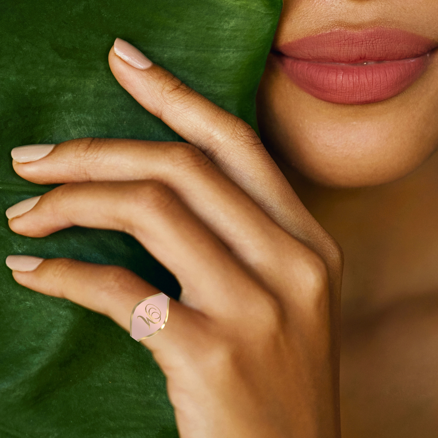 Cigar Band Initial Ring in Rose Petal Enamel | 18K Gold