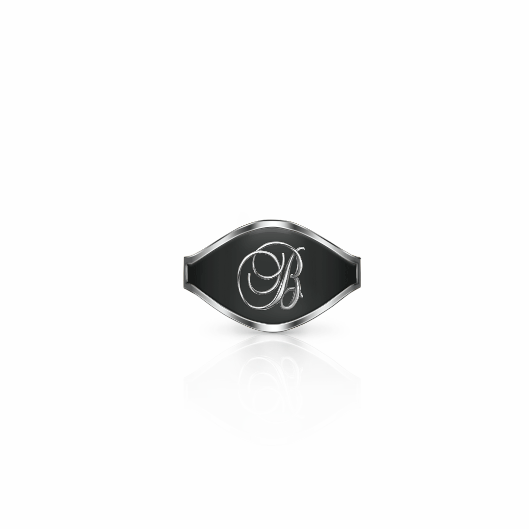 Cigar Band Initial Ring, script | Sterling Silver Black Night Ring {{ catogery }} {{ Collections }}