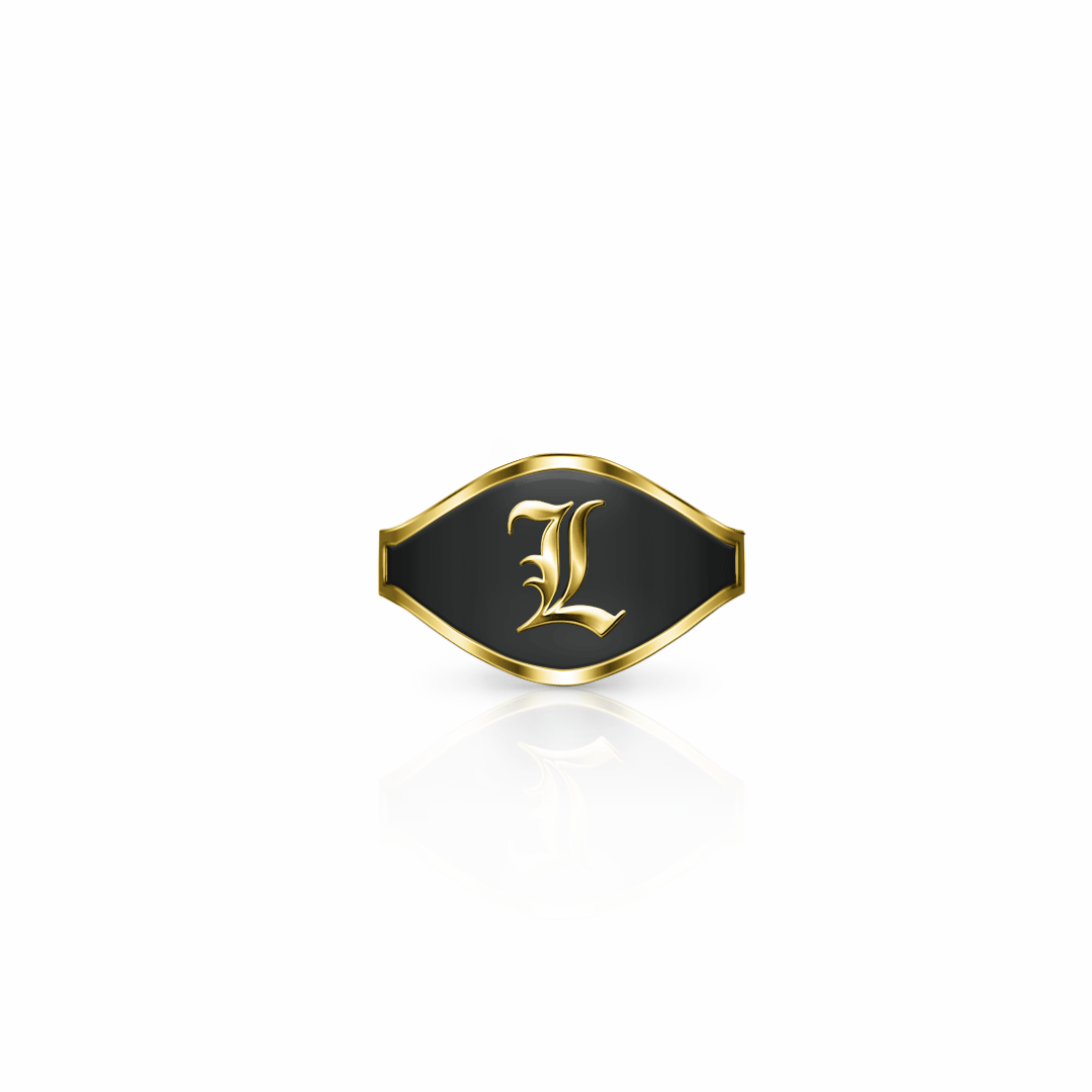 Cigar Band Initial Ring, old english | 14K Gold Black Night Ring {{ catogery }} {{ Collections }}