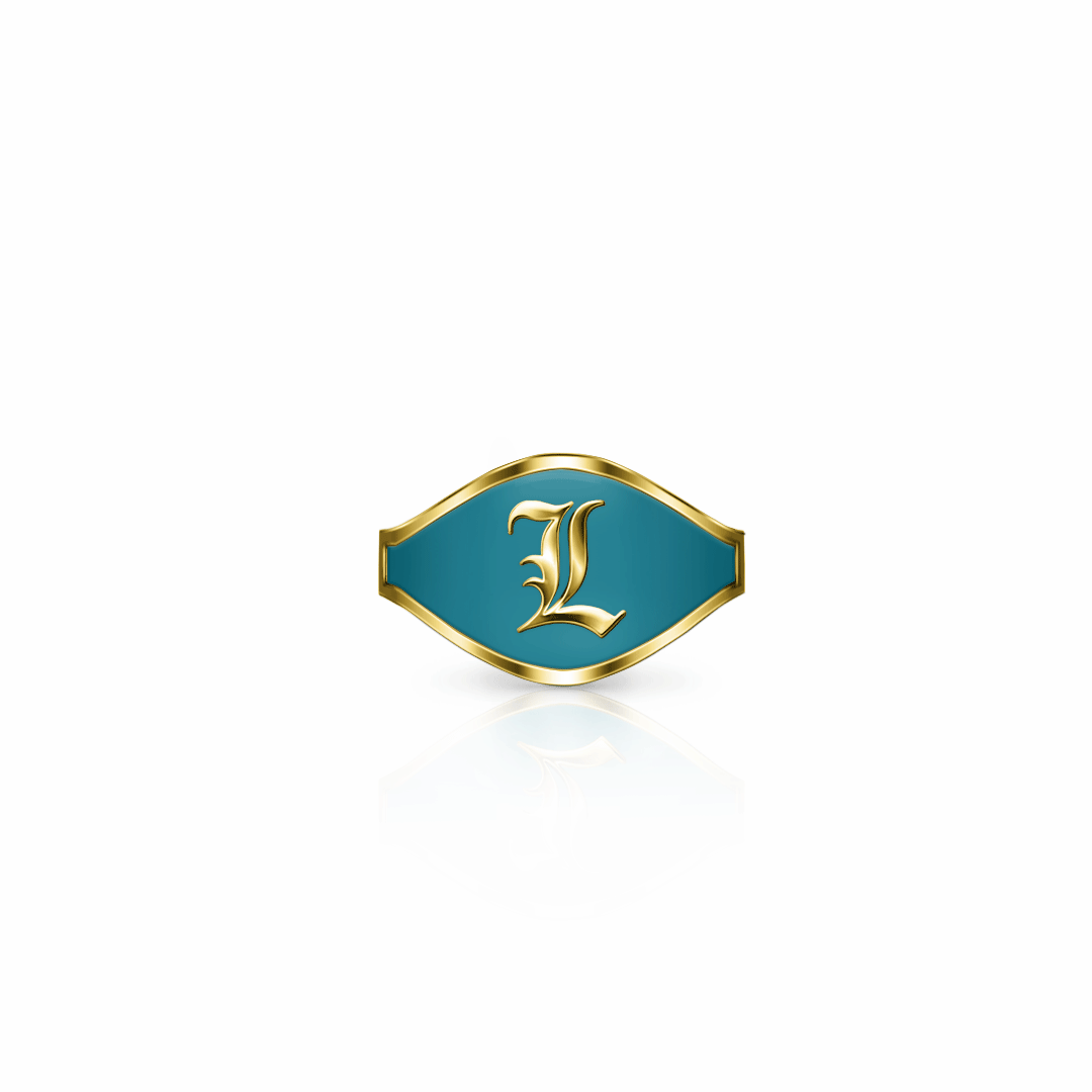 Cigar Band Initial Ring, old english | 14K Gold Seafoam Green Ring {{ catogery }} {{ Collections }}
