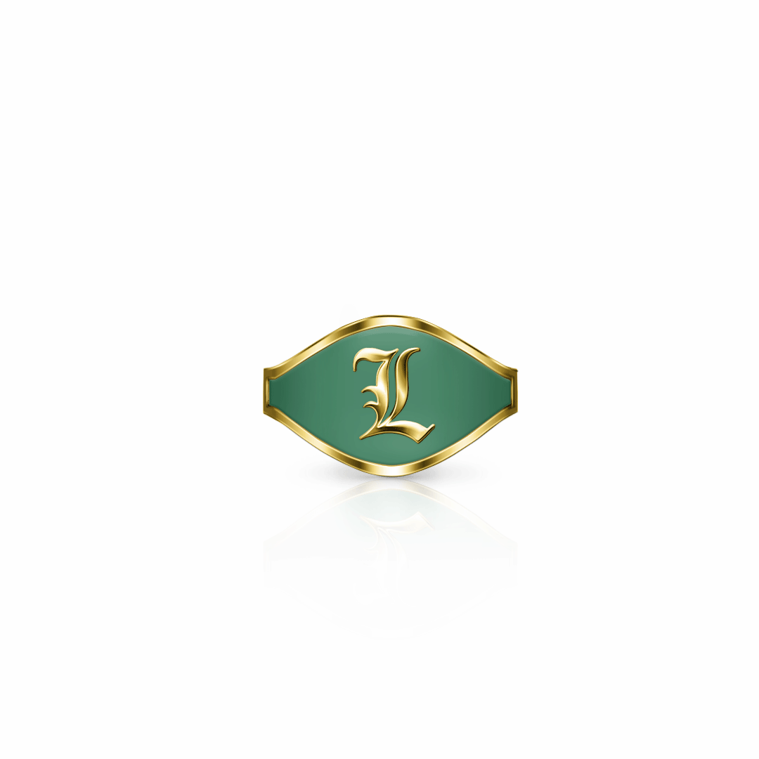 Cigar Band Initial Ring, old english | 14K Gold Spring Green Ring {{ catogery }} {{ Collections }}