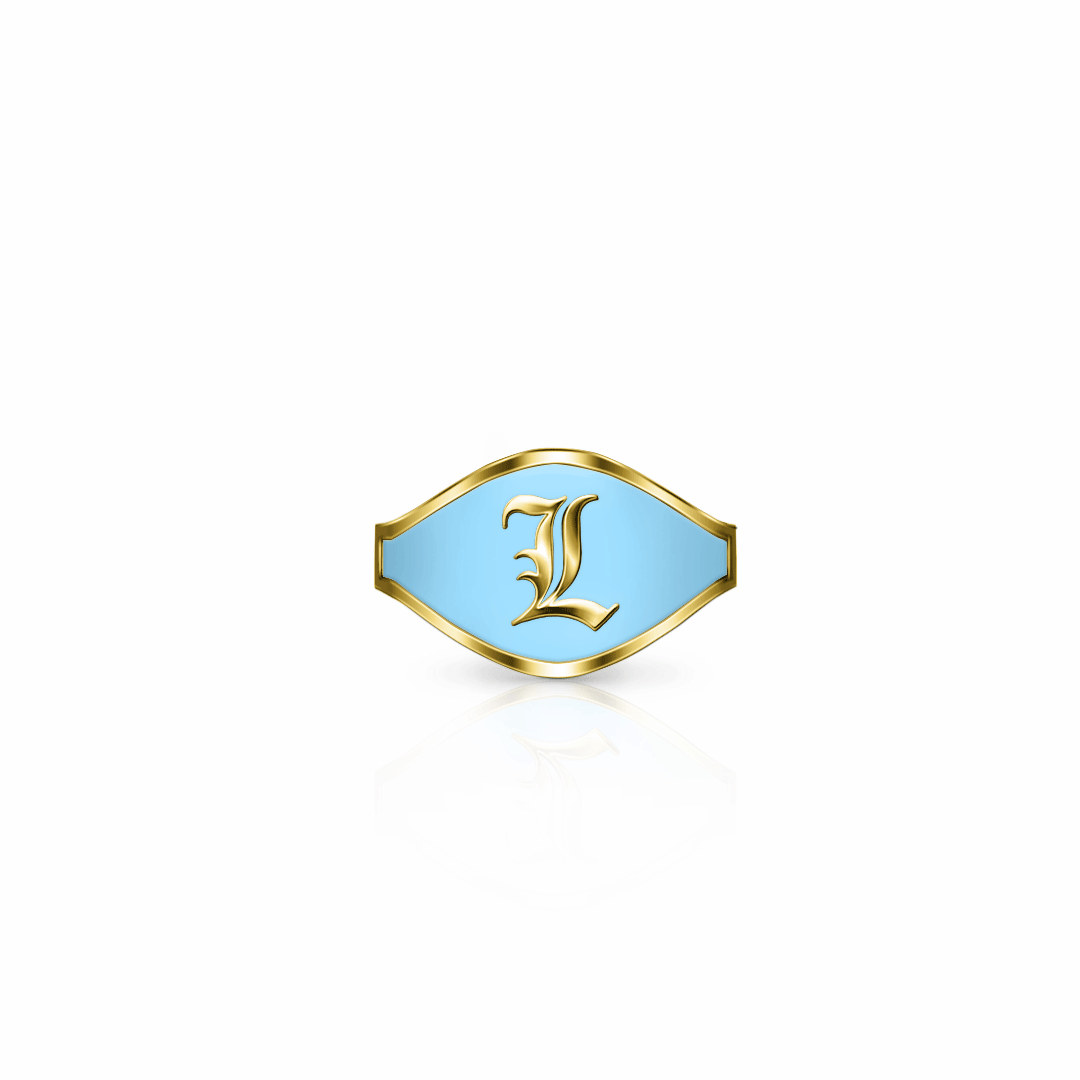 Cigar Band Initial Ring, old english | 14K Gold Sky Blue Ring {{ catogery }} {{ Collections }}
