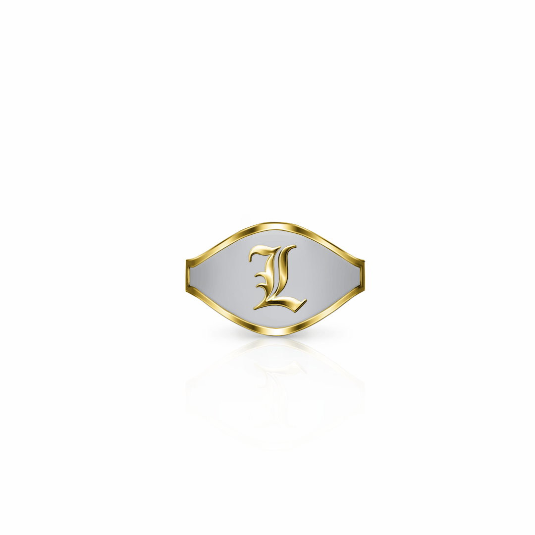 Cigar Band Initial Ring, old english | 14K Gold Steel Gray Ring {{ catogery }} {{ Collections }}