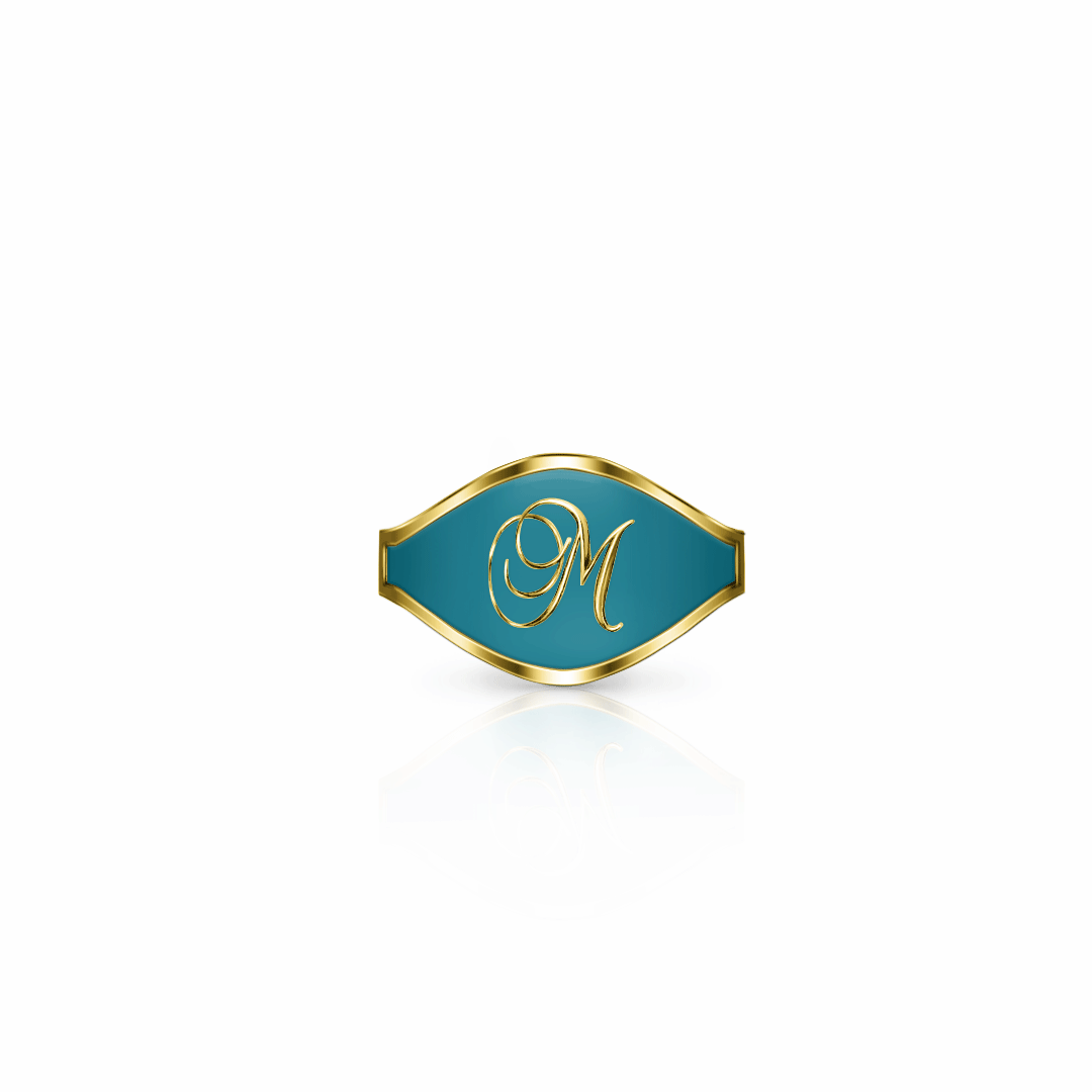 Cigar Band Initial Ring, script | 14K Gold Seafoam Green Ring {{ catogery }} {{ Collections }}