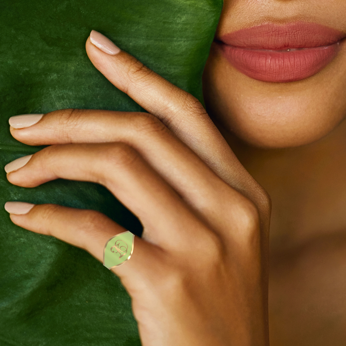 Cigar Band Initial Ring in Spring Green Enamel | 18K Gold