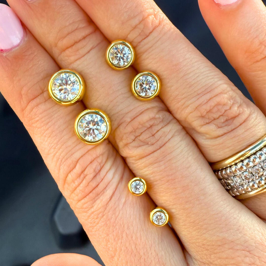 Cushioned Bezel Lab Grown Round Diamond Stud Earrings | 18K Gold