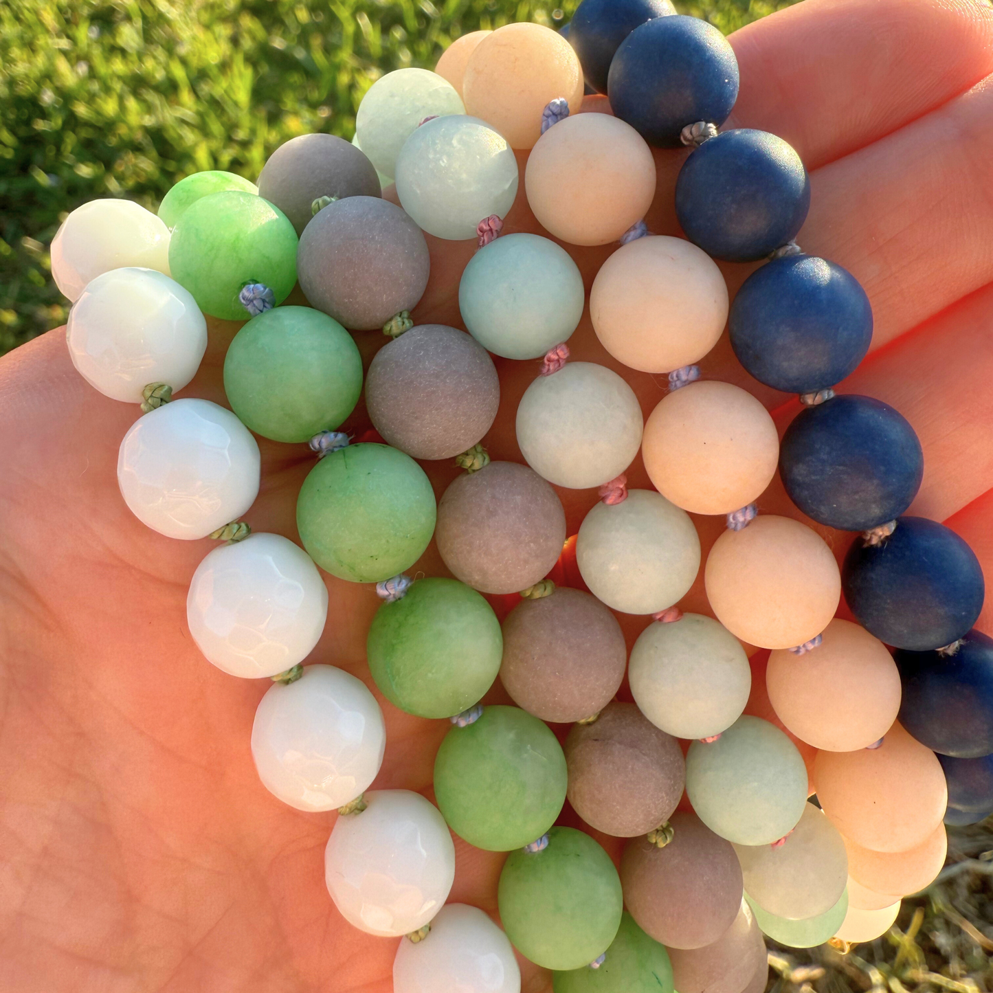 Large Colored Jade Beaded Bracelet Strand | Sterling Silver